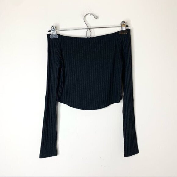 Revolve LNA Off the Shoulders Cropped Top Ribbed Knit Long Sleeve Black Small - Picture 6 of 16